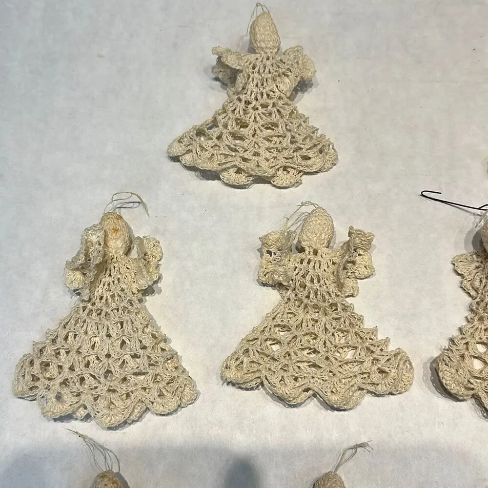 Vtg Angel Ornament Starched Crochet Cream Beige Off White Set Lot 10 Crocheted